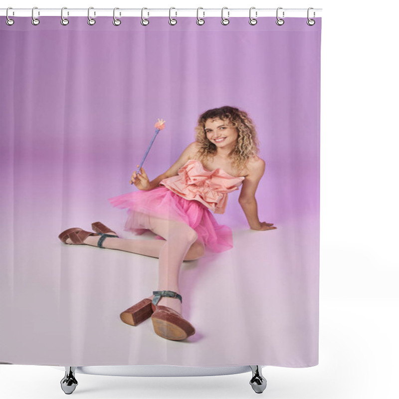 Personality  Pretty Curly Tooth Fairy In Pink Dress With Magic Wand Sitting On Floor And Posing On Pink Backdrop Shower Curtains