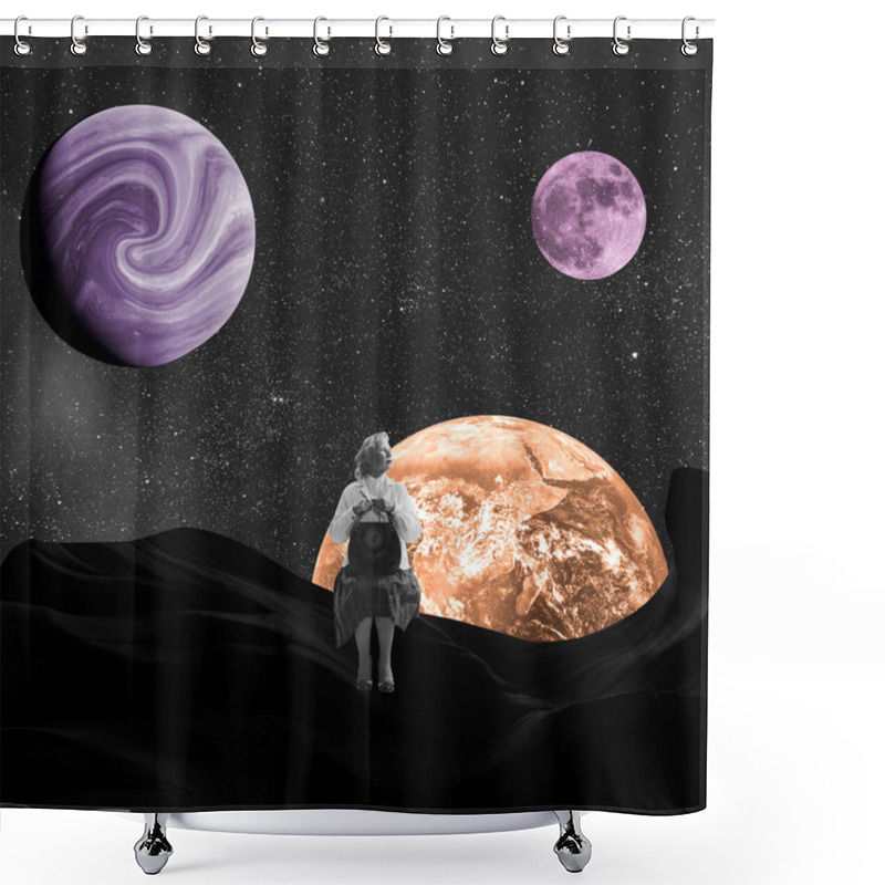 Personality  Contemporary Art Collage. Senior Lady, Woman Sitting Around Many Space Planets Isolated Over Night Starry Sky Background Shower Curtains