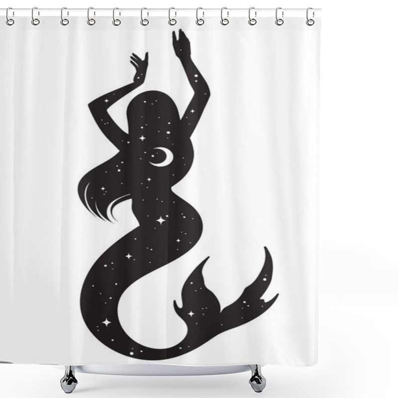 Personality  Beautiful Meramaid Silhouette With Crescent Moon And Stars In Profile Isolated. Boho Chic Tattoo, Sticker Or Print Design Vector Illustration Shower Curtains