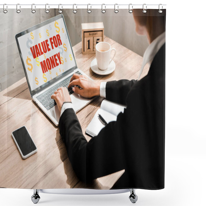 Personality  Selective Focus Of Woman Typing On Laptop With Value For Money Letters Near Wooden Cubes With Calendar And Smartphone With Blank Screen  Shower Curtains