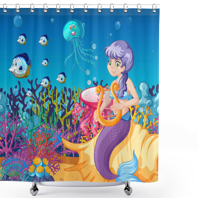 Personality  Set Of Sea Animals And Mermaid Cartoon On Sea Background Illustration Shower Curtains