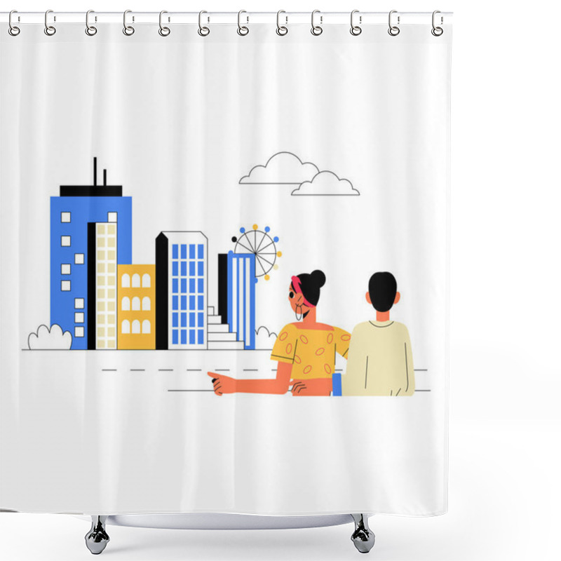 Personality  A Couple Admiring A Vibrant City Skyline With Tall Buildings And A Ferris Wheel, Symbolizing Urban Exploration And Togetherness In A Flat Vector Illustration. Shower Curtains