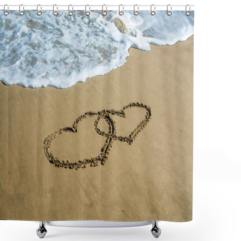 Personality  Two Hearts Drawn On The Beach Shower Curtains