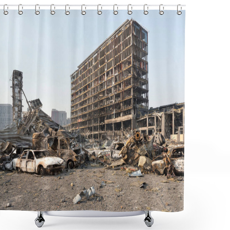 Personality  2022 Russian Invasion Of Ukraine War Torn City Destroyed Car Burn Out. Russia War Damage Building Destruction City War Ruins City Damage Car. Terror Attack Bomb Shell Of Civilian Bombed. Disaster Area Shower Curtains