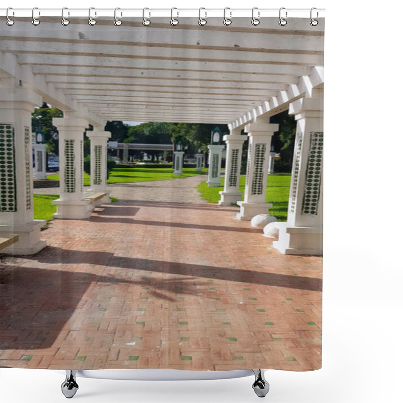 Personality  Decorative Columns With Tiles Are Captivating Blend Of Traditional Craftsmanship And Complex Design Of The Mosaics In Path In Public Garden Shower Curtains