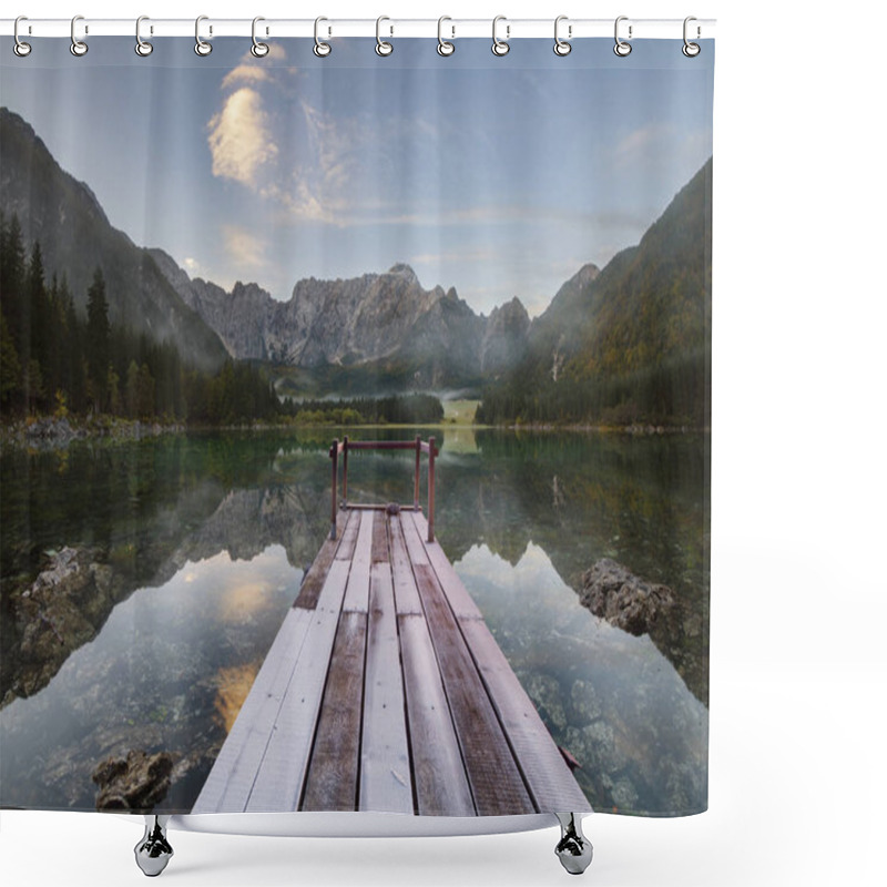 Personality  Wooden Bridge Over A Mountain Lake Shower Curtains