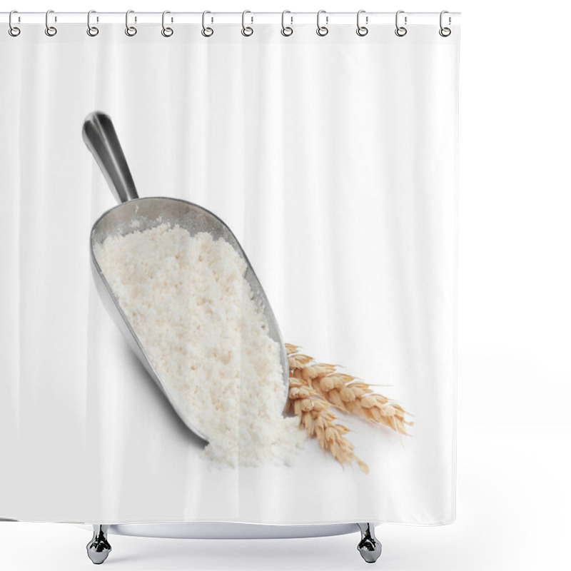 Personality  Organic Flour, Metal Scoop And Spikelets Isolated On White Shower Curtains