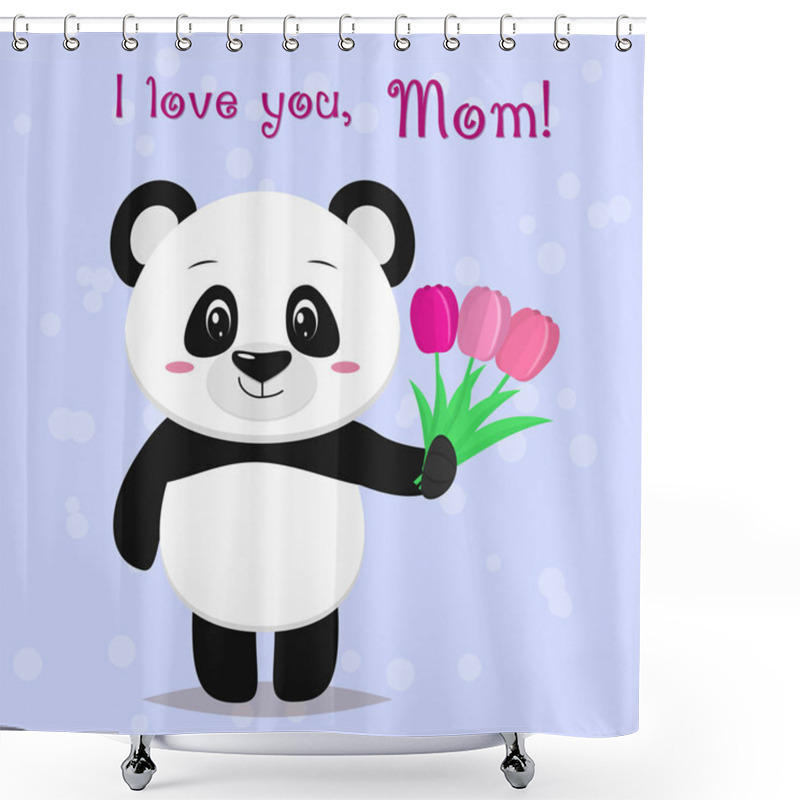 Personality  A Sweet Panda Is Standing And Holding In Its Paws Three Pink Tulips, Congratulates Mothers In The Style Of Cartoons. Shower Curtains