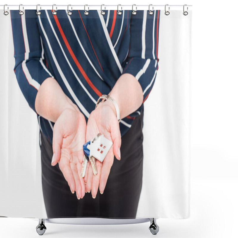 Personality  Cropped Image Of Female Estate Agent Showing Keys From House Isolated On White Background  Shower Curtains