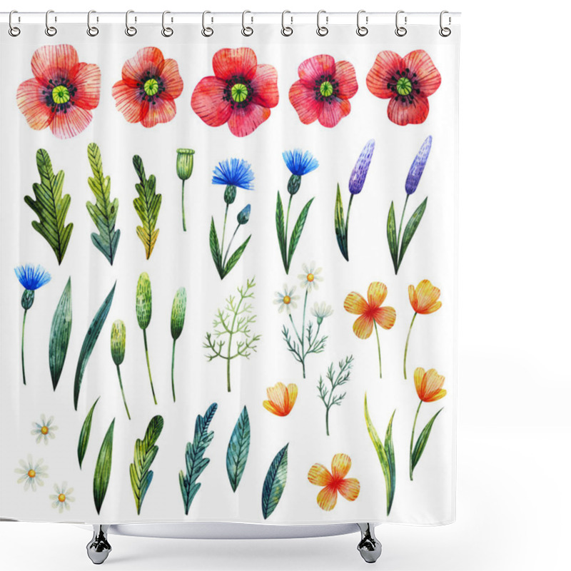 Personality  Watercolor Floral Elements. Poppies, Cornflowers, Chamomile And Leaves. Hand Drawn Wildflowers On White Background. Shower Curtains