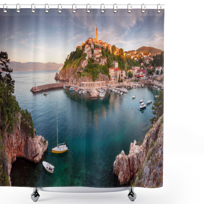 Personality  Vrbnik, Croatia. Panoramic Aerial Cityscape Image Of Iconic Village Of Vrbmik, Croatia Located On Krk Island At Summer Sunset. Shower Curtains