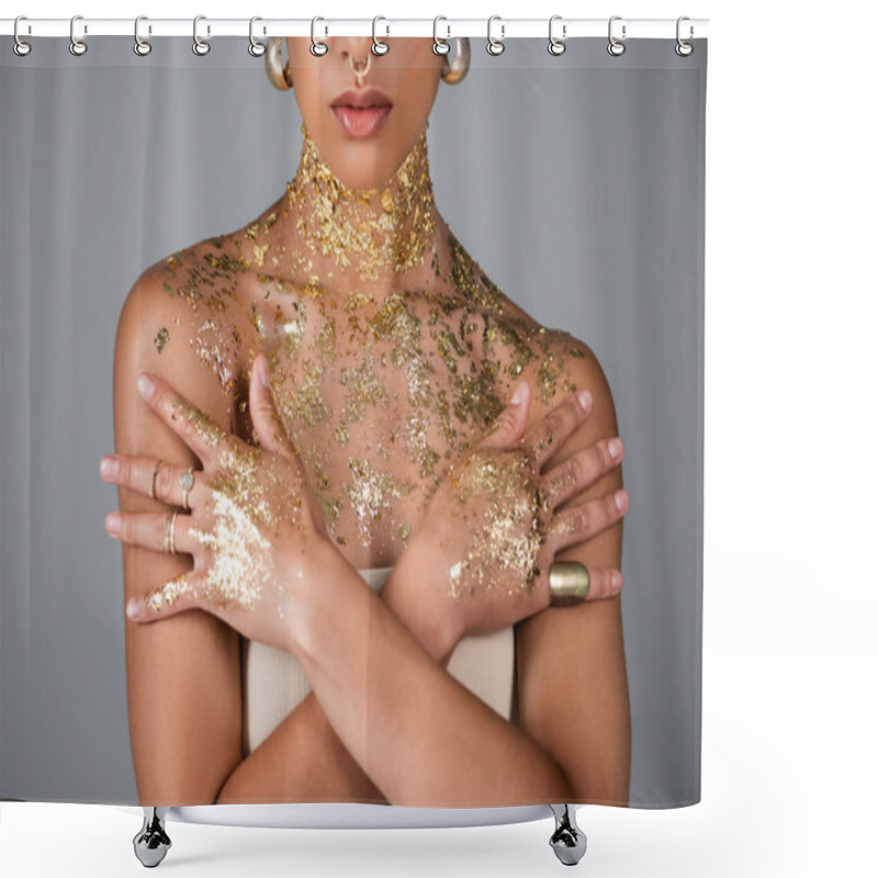 Personality  Partial View Of African American Model With Golden Foil On Hands And Chest Posing Isolated On Grey  Shower Curtains