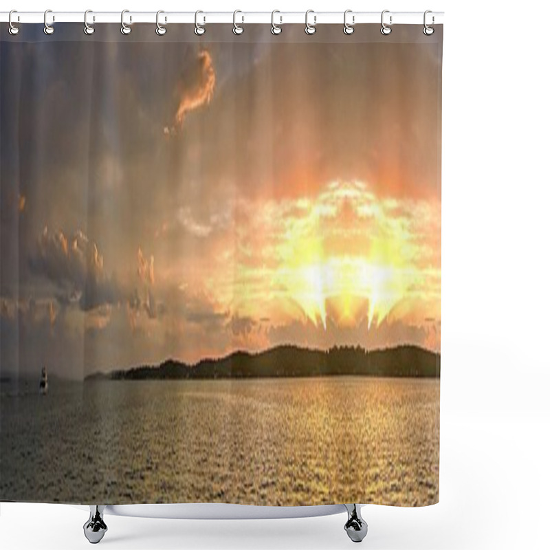 Personality  Golden Ocean Island Sunset Through Cloud And With Water Reflections And A Boat. Shower Curtains