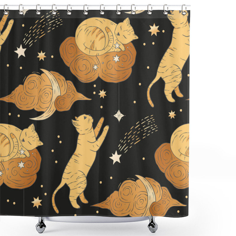 Personality  Celestial Cat Animal Seamless Pattern Design. Vector Astrology Boho Esoteric Gold And Magic Fantasy Background. Shower Curtains