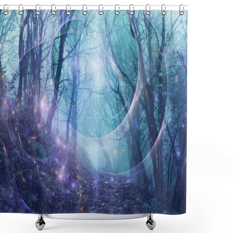 Personality  A Fantasy Edit Of Mysterious Glowing Lights In A Spooky Forest On A Foggy Winters Day. Shower Curtains