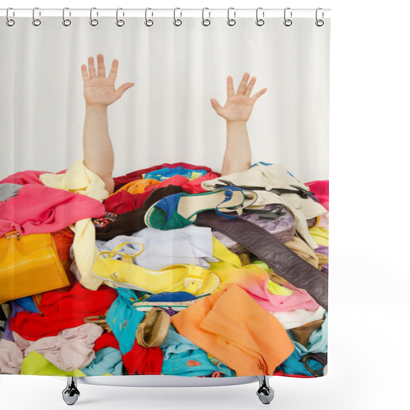 Personality  Man Hands Reaching Out From A Big Pile Of Clothes And Accessories. Shower Curtains