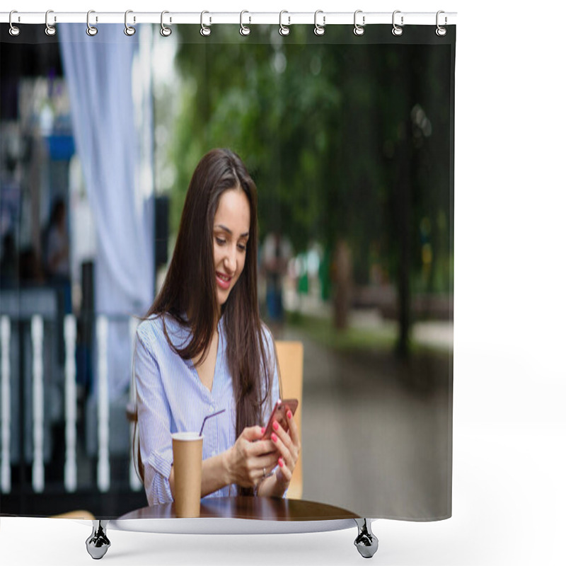 Personality  Communication, Technology And People Concept - Happy Smiling Young Woman With Coffee And Smartphone On City Street Shower Curtains