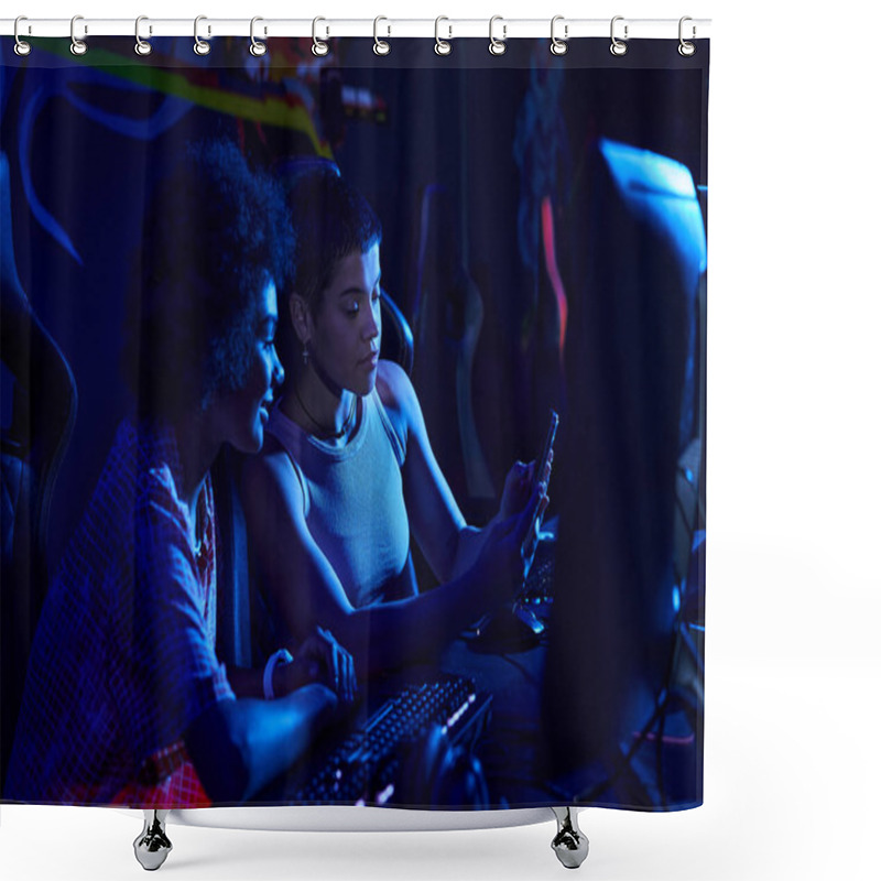 Personality  Two Interracial Women Focused On Gaming In A Neon-lit Room, Cybersport And Gaming Concept Shower Curtains