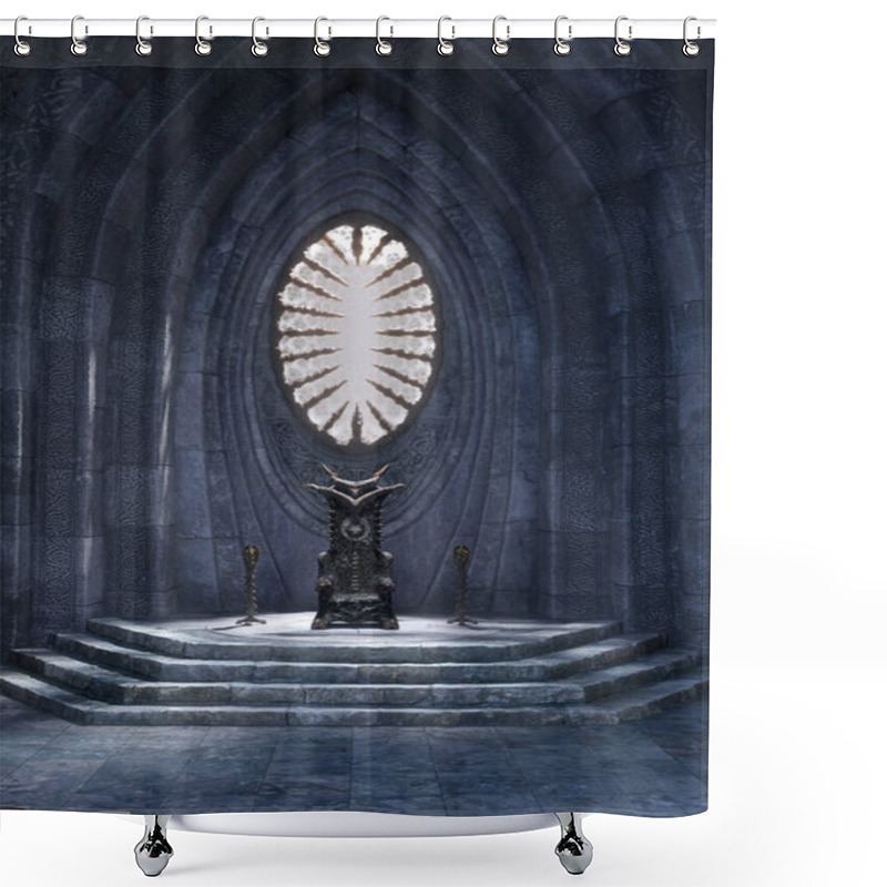 Personality  Portrait Format 3D Illustration Of A Fantasy Medieval Throne Room With Arched Stone Wall And Large Oval Window. Shower Curtains