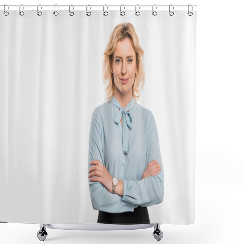 Personality  Beautiful Confident Businesswoman Standing With Crossed Arms And Smiling At Camera Isolated On White Shower Curtains