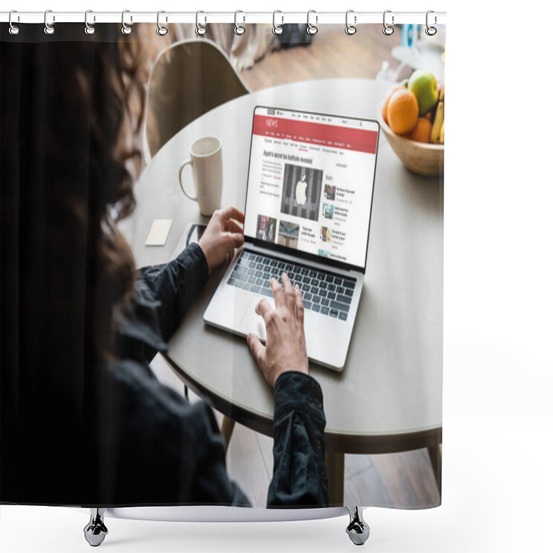 Personality  KYIV, UKRAINE - APRIL 25, 2020: Back View Of Freelancer Using Laptop With BBC News And Apple Logo On Screen Near Coffee Cup, Sticky Notes And Fruits Shower Curtains