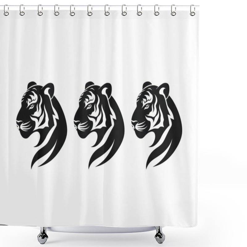 Personality  Three Sleek Tiger Heads In Dynamic Profile View, Showcasing Elegance And Strength Through Bold Black Lines. Shower Curtains