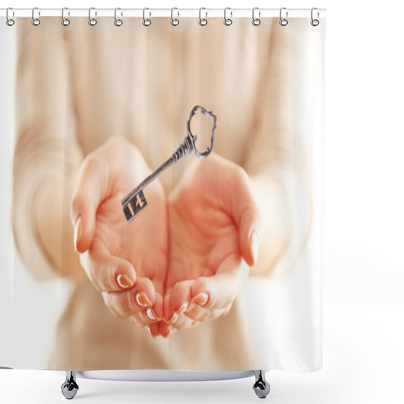 Personality  Female Hands With Key Isolated On White Shower Curtains