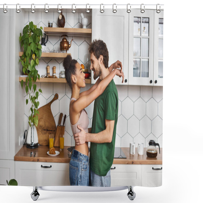 Personality  Loving Cheerful Multicultural Couple In Homewear Hugging Warmly And Enjoying Each Other In Kitchen Shower Curtains