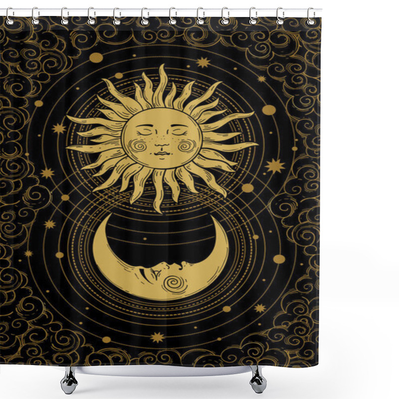 Personality  Celestial Golden Crescent Moon Pattern With Face, Sun And Clouds On A Black Background. Boho Design Elements For Tarot, Astrology, Tattoo, Cover. Vector Illustration Shower Curtains