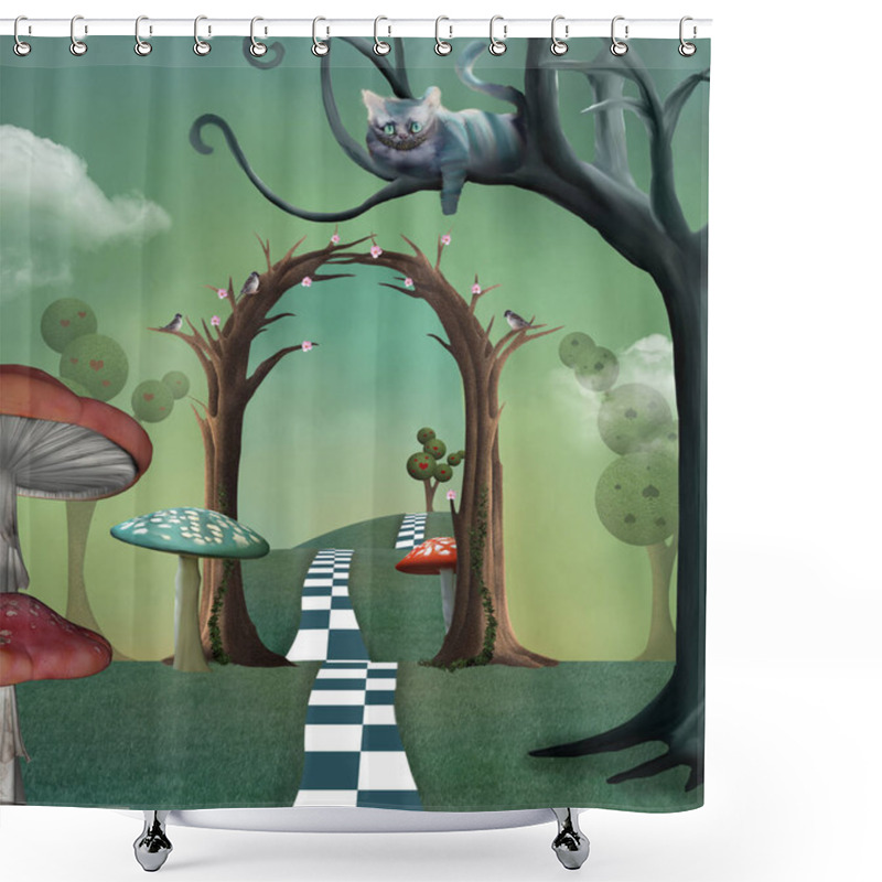 Personality  Wonderland Surreal Landscape With A Footpath Taking To A Magic Passage And A Cheshire Cat Watching The Scene On A Tree Branch Shower Curtains