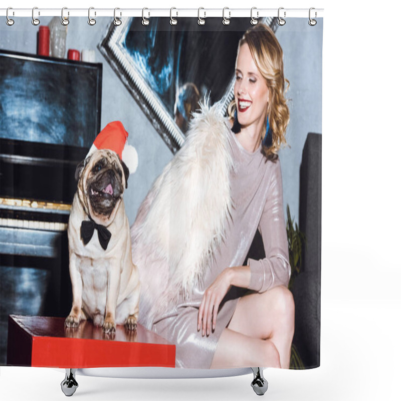 Personality  Woman With Pug In Santa Hat Shower Curtains