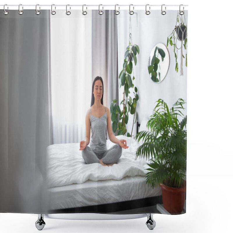 Personality  Tranquil Young Woman In Lotus Position In Bedroom Shower Curtains