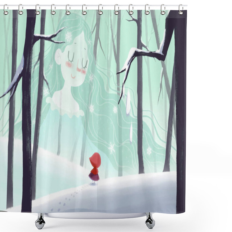 Personality   Little Girl In Red Hood Walking In Forest Meet The Winter Fairy. Realistic Fantastic Cartoon Style Artwork Scene, Wallpaper, Story Background, Card Design  Shower Curtains