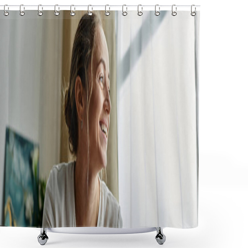 Personality  A Joyful Woman With Vitiligo Smiles Brightly By The Window. Shower Curtains