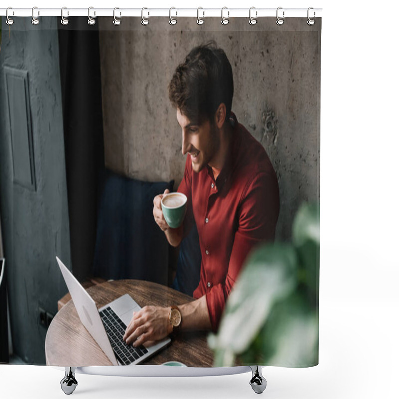 Personality  Smiling Young Freelancer Working On Laptop And Drinking Coffee In Coffee Shop Shower Curtains