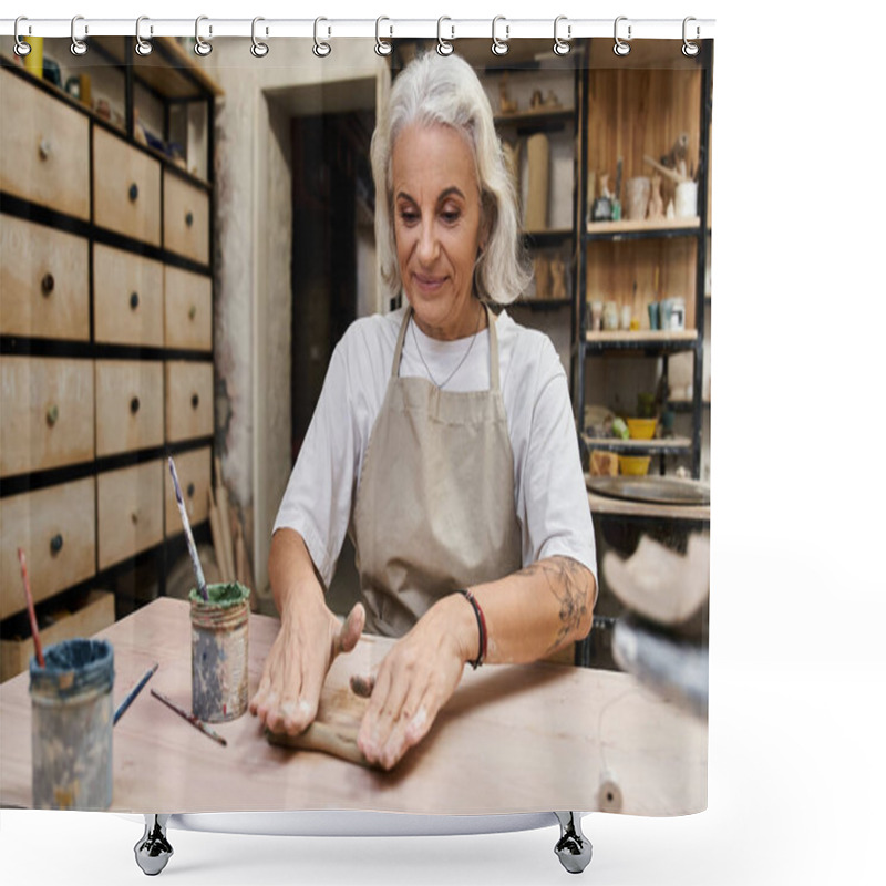 Personality  A Talented Mature Woman Shapes Clay At Her Workspace, Surrounded By Creative Tools. Shower Curtains