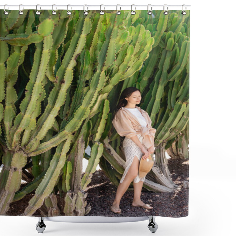 Personality  Full Length View Of Stylish Brunette Woman Standing Near Giant Cacti In Park Shower Curtains