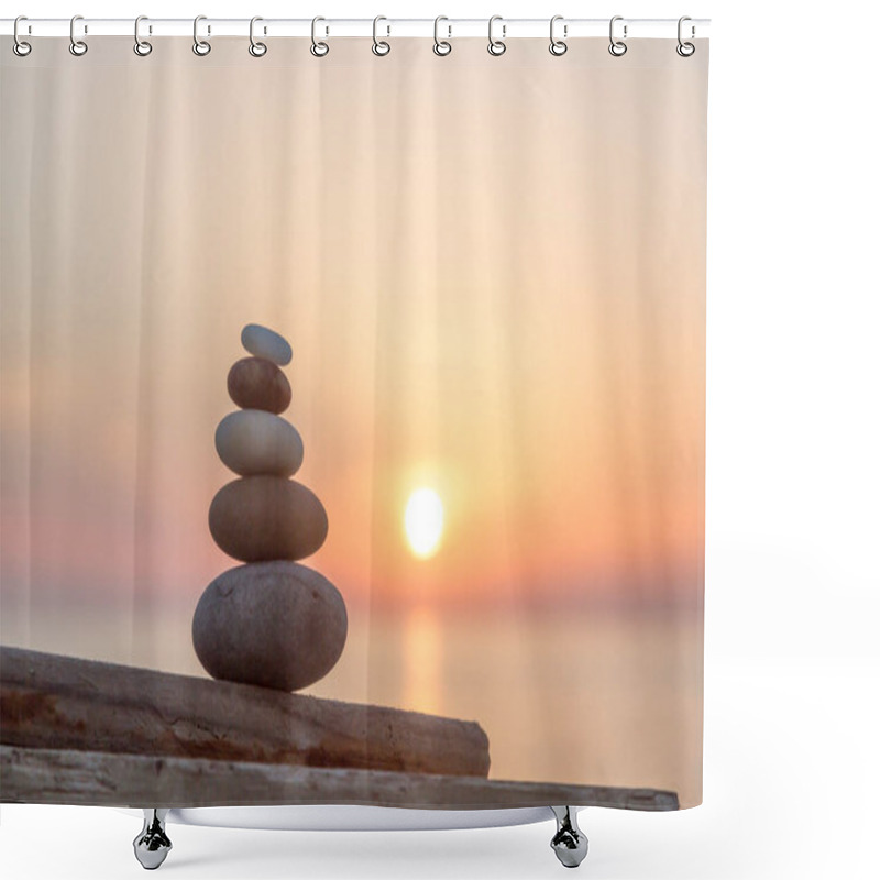 Personality  Well Balanced Stone Cairn From Smooth Pebbles At Sunset On The Spanish Coast, Perfect For A Travel Or Lifestyle Blog, Postcard Or Gift Bag Shower Curtains