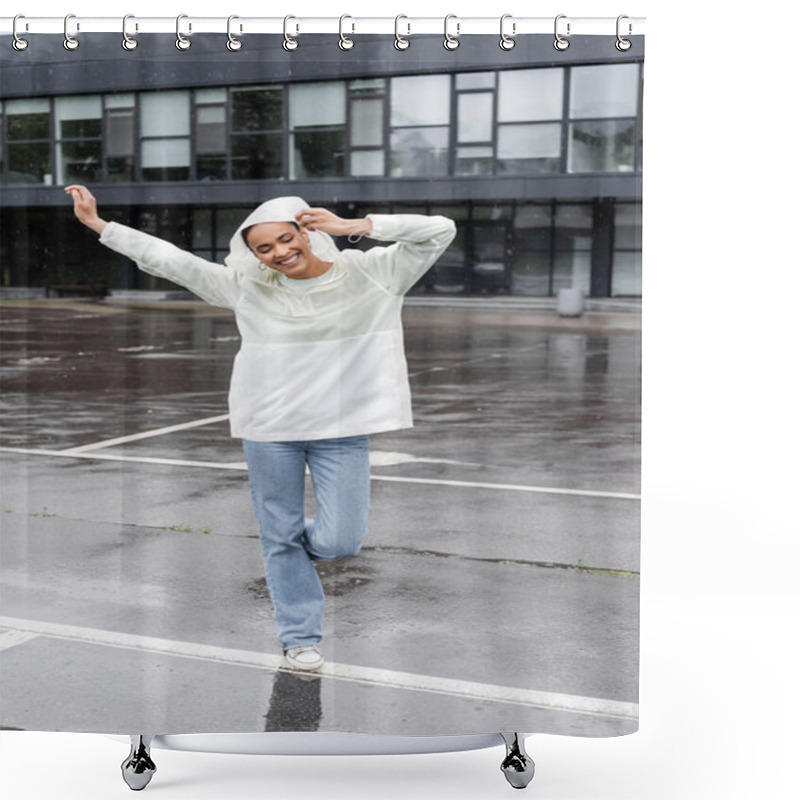 Personality  Full Length Of Positive African American Woman In Waterproof Raincoat And Jeans Having Fun During Rain  Shower Curtains