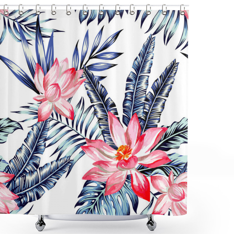 Personality  Pink Lotus And Blue Palm Leaves Seamless Background Shower Curtains