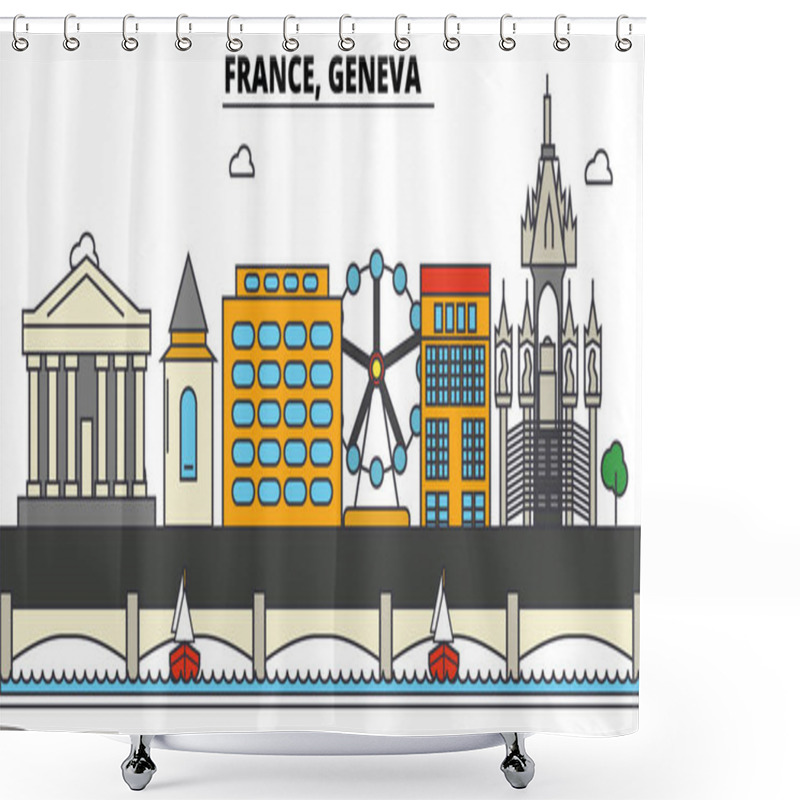 Personality  France, Geneva. City Skyline: Architecture, Buildings, Streets, Silhouette, Landscape, Panorama, Landmarks. Editable Strokes. Flat Design Line Vector Illustration Concept. Isolated Icons Set Shower Curtains