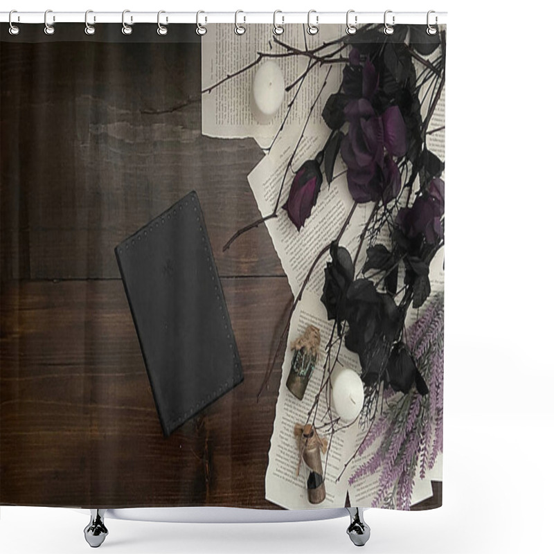 Personality  Dark And Witchy Gothic Wood Background With Black Flowers And Journal Shower Curtains