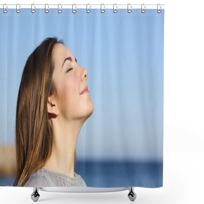 Personality  Woman Portrait Breathing Deep Fresh Air On The Beach Shower Curtains