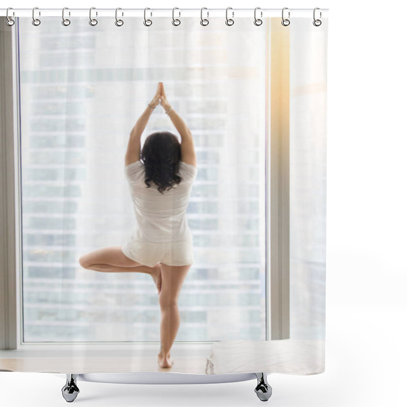 Personality  Young Attractive Woman In Vrksasana Pose Near The Floor Window Shower Curtains