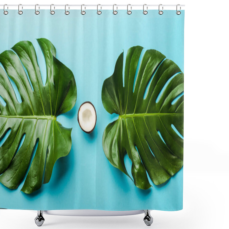 Personality  Top View Of Green Palm Leaves And Coconut Half On Blue Background Shower Curtains