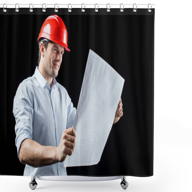 Personality  Male Engineer With Blueprint Shower Curtains