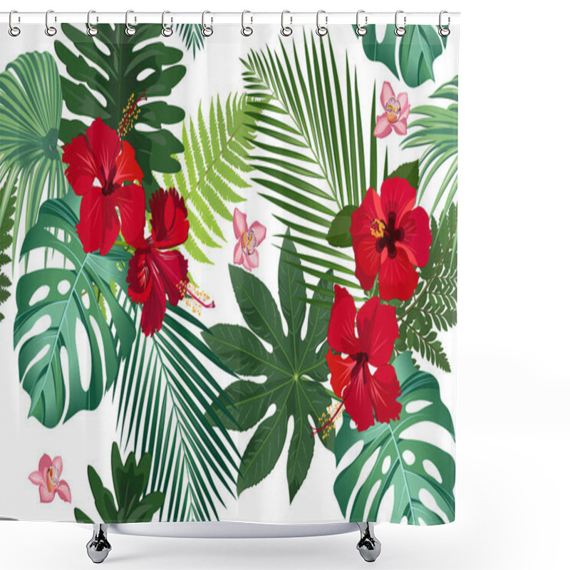 Personality  Seamless Vector Pattern Tropical Leaves With Red Hibiscus Flower And Pink Orchid On White Background Shower Curtains