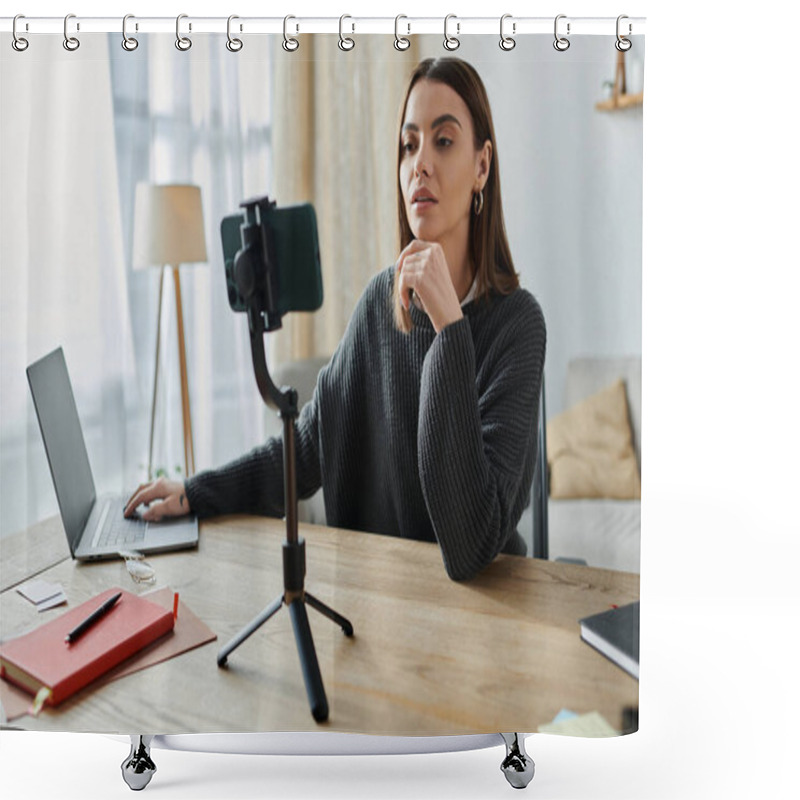 Personality  A Young Woman In A Grey Sweater Sits At Her Desk, Recording A Video For Her Online Audience. Shower Curtains