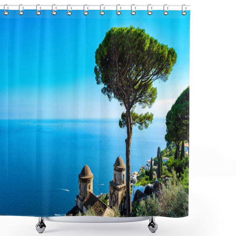 Personality  The Amalfi Coast Dazzles With Its Turquoise Sea And Towering Trees Casting Shadows Over Ancient Stone Structures On A Sunny Afternoon. Ravello Italy At Sunset Shower Curtains