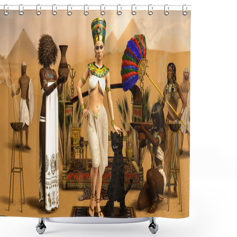 Personality  Royal Egyptian Pharaoh Cleopatra With Servants In Traditional Costumes, 3d Render. Shower Curtains